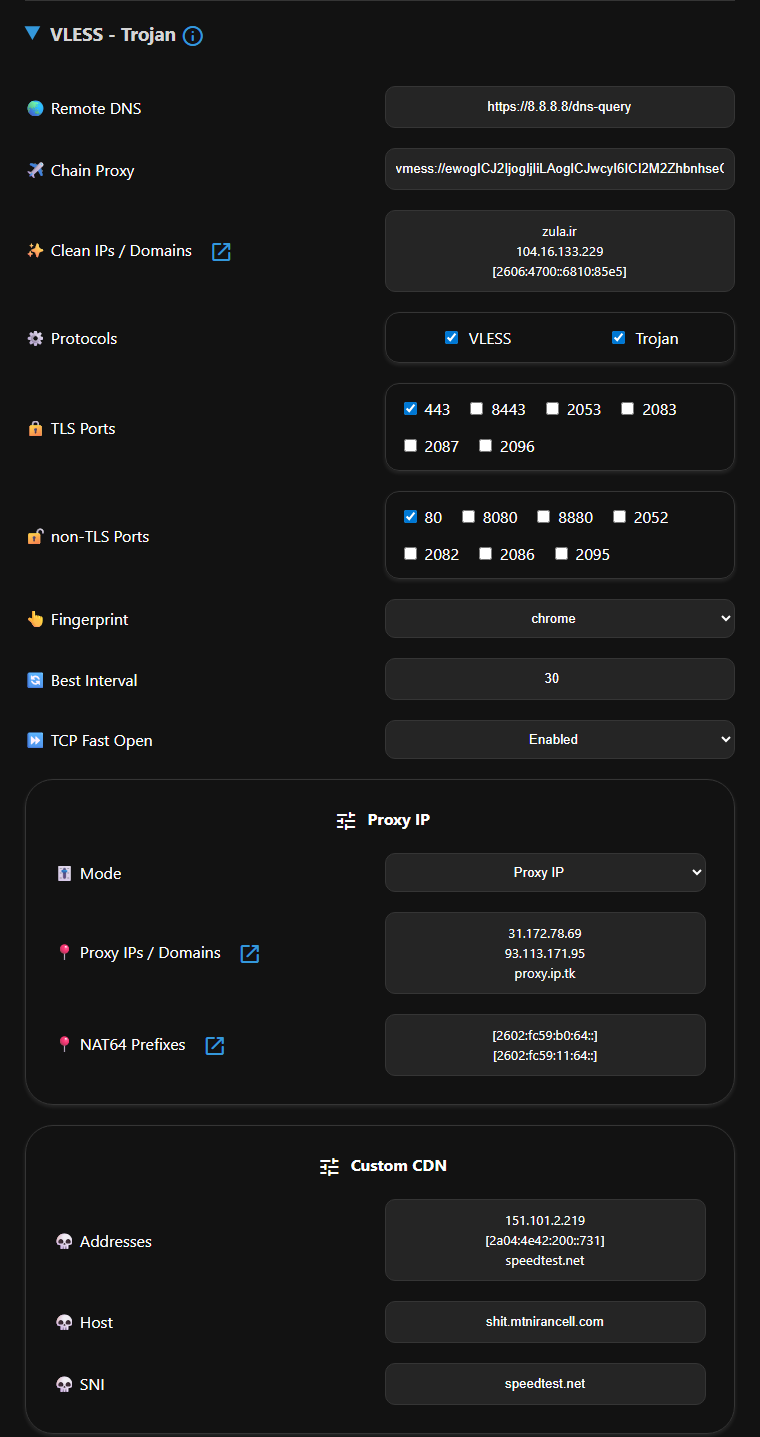 VLESS و Trojan settings